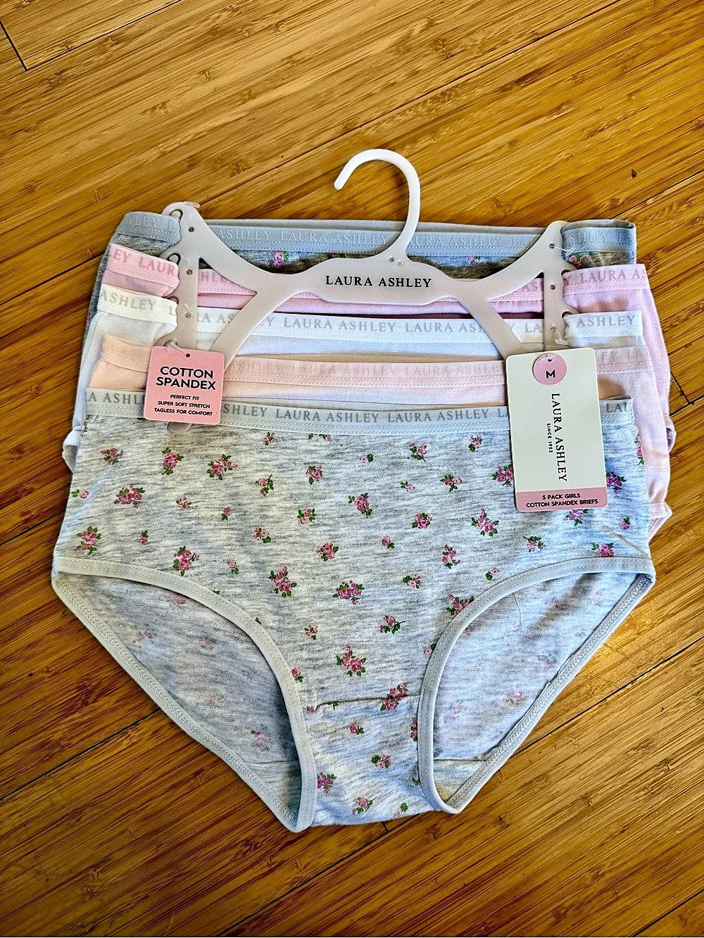 Laura Ashley Girls 5-Pack Cotton Spandex Briefs Floral Briefs Gray & Pink Medium